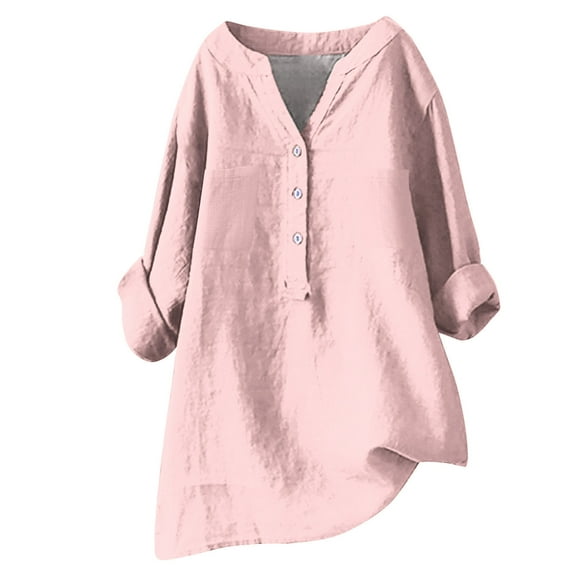 JINMGG Womens Tops,Women's Summer Casual Long Sleeve Blouse V Neck Solid Tops T-Shirt,Pink XXXL
