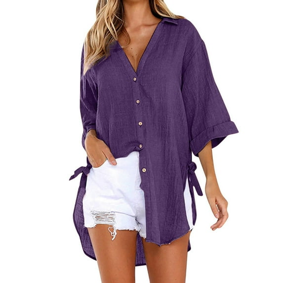 JINMGG Clearance Womens Tops,Women's Tops Single Breasted Long Sleeve Shirt Tops Loose Lapel with Poket Shirt Blouse,Purple S