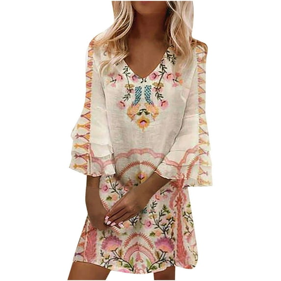 JINMGG Dress for Women Plus ,Fashion Women Summer Casual V-Neck Print 3/4 Sleeve Fold Mini Dress Beige M
