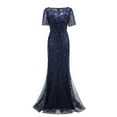 thumbnail image 1 of Omexry Dress for Women Plus ,Women Beaded Mesh Gauze Fishtail Short Sleeve O-Neck Slim Evening Dress Navy M, 1 of 6