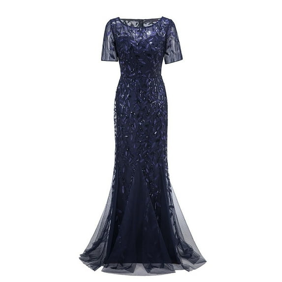 Omexry Dress for Women Plus ,Women Beaded Mesh Gauze Fishtail Short Sleeve O-Neck Slim Evening Dress Navy M