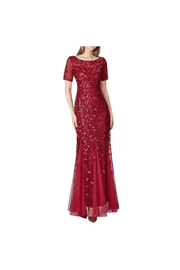 JINMGG Dress for Women Plus ,Women Beaded Mesh Gauze Fishtail Short Sleeve O-Neck Slim Evening Dress Red L