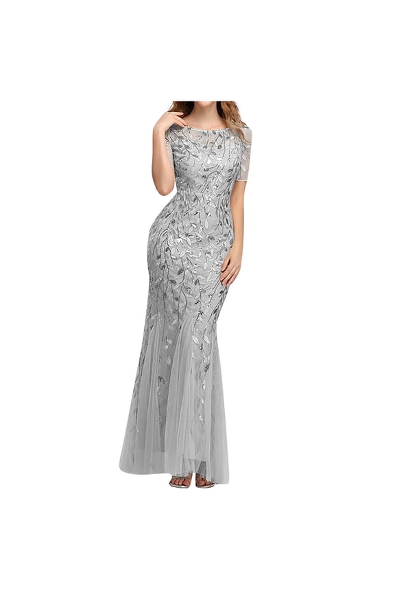 JINMGG Dress for Women Plus ,Women Beaded Mesh Gauze Fishtail Short Sleeve O-Neck Slim Evening Dress Silver XL