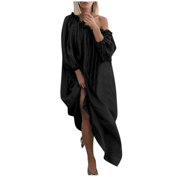 JINMGG Dress for Women Plus ,Women Plus Size Daily Casual Open Shoulder Vintage Loose Boho Maxi Dress Black M