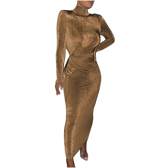 JINMGG Dress for Women Plus Clearance,Women Solid High Collar Long Sleeve Dress Casual Party Long Dress Gold XXL