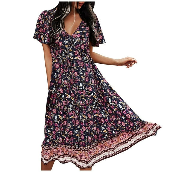 JINMGG Dresses for Women 2026 ,Fashion Women's V-neck Casual Printed Belt Long-style Short Sleeve Loose Dress