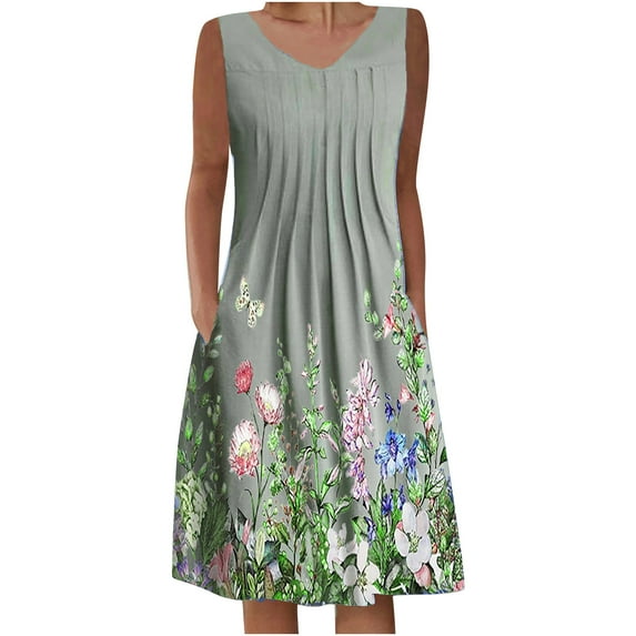 JINMGG Dresses for Women 2023 Clearance,Women's Summer Casual Round Neck Sleeveless Folding with Pocket Printed Dresses