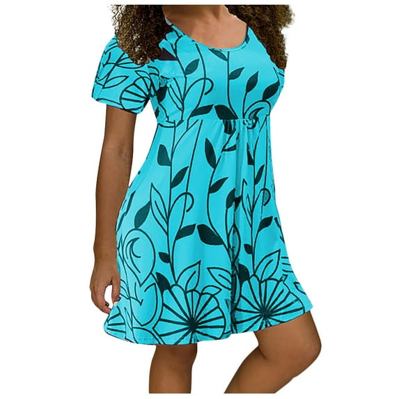 JINMGG Womens Plus Size Clearance $5 Fashion Women Plus Size Casual Floral Print Short Sleeves O-Neck Short Dress Light blue L