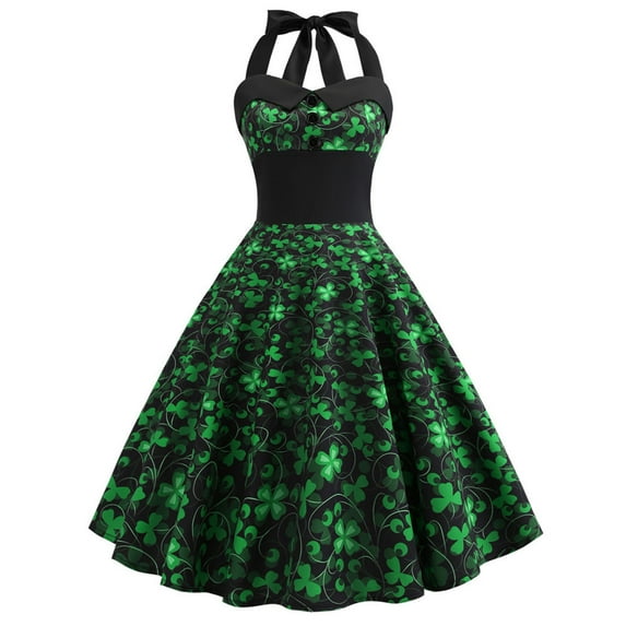 JINMGG Dresses for Women 2024 Clearance,St. Patrick's Day Women's Long Sleeve R-Neck Printing Vintage Gown Party Retro Swing Halter Dress