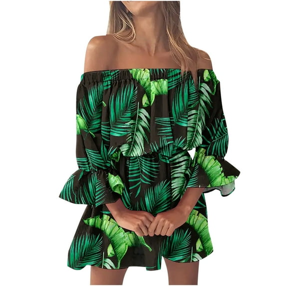 JINMGG Dresses for Women 2026 ,Stylish Women's Summer Casual Off Shoulder Bell Sleeve Solid and Printed Dresses