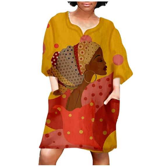 JINMGG Womens Plus Size $5 Women Fashion African Vintage Print Middle Sleeve V Neck Casual Mini Dress Yellow XXL