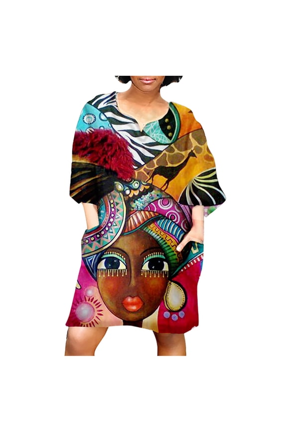 JINMGG Dresses for Women 2026 ,Women Fashion African Vintage Print Middle Sleeve V Neck Casual Mini Dress