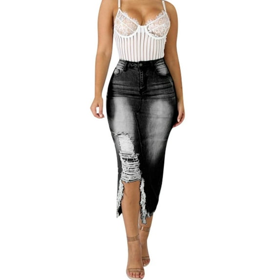 JINMGG Womens Plus Size Clearance $5 Women Fashion High Waist Ripped Destroyed Bodycon Street Style Denim Skirt Black L