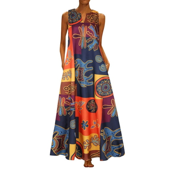 JINMGG Dresses for Women 2024 Clearance,Women Plus Size Print Daily Casual Sleeveless Vintage Bohemian V Neck Maxi Dress