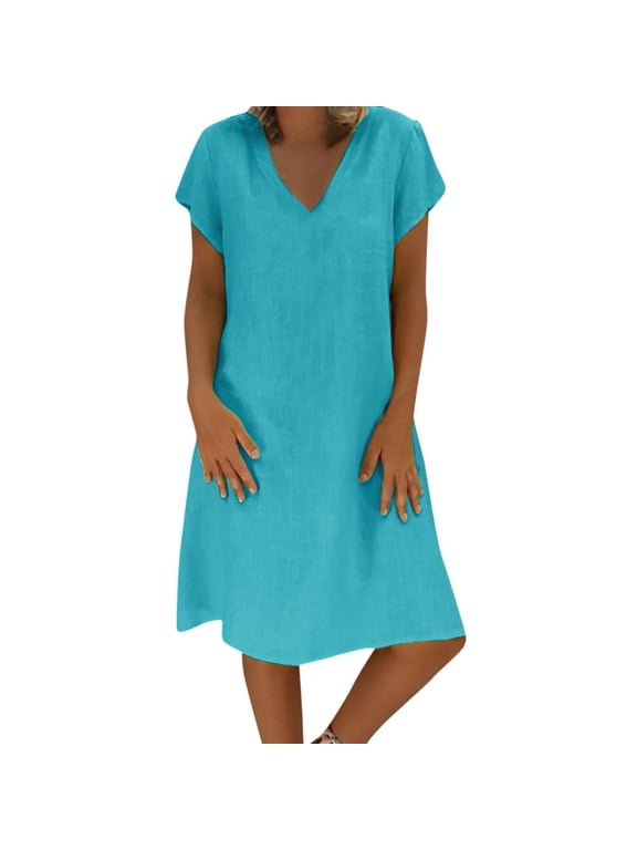 JINMGG Dresses for Women 2026 ,Fashion Women Loose V-Neck Summer Solid Short Sleeve Cotton and Linen Dress Blue-A XXXXL