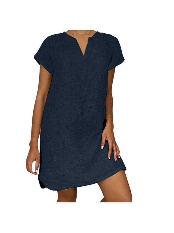 JINMGG Dresses for Women 2026 ,Fashion Women Loose V-Neck Summer Solid Short Sleeve Cotton and Linen Dress Dark Blue-A XXXL