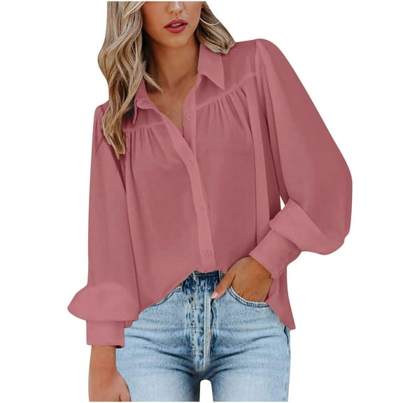 JINMGG Fall Long Sleeve Shirts for Women, Womens Summer Fall Tops 2024 Fashion Womens Long Sleeve Solid Turndown Collar Button Lantern Sleeve Tops Blouse