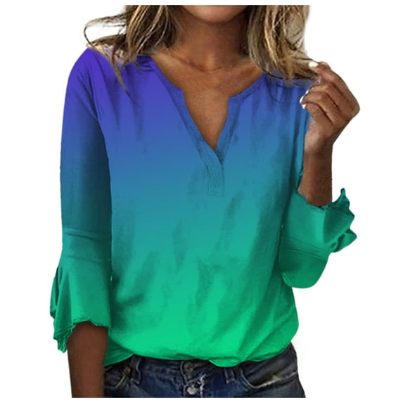 JINMGG Fall Long Sleeve Shirts for Women Fashion Woman V Neck Three Quarter 3/4Sleeve T Shirt AutumnBlouse Tops Sweatshirt Green M
