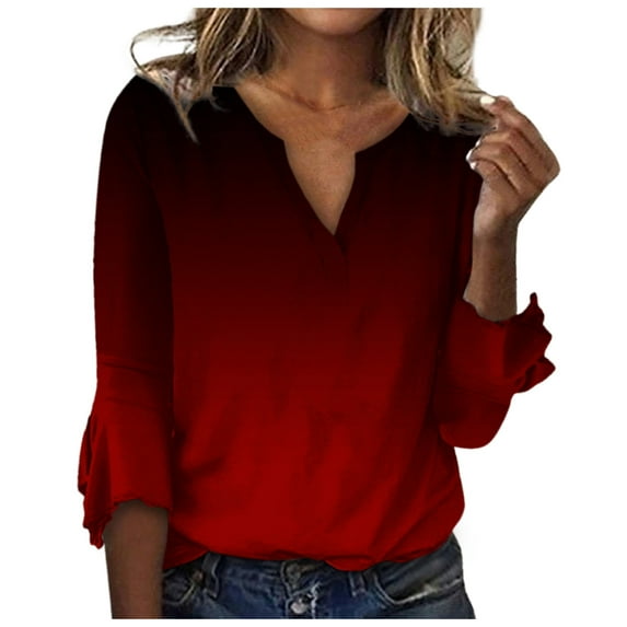 JINMGG Fall Long Sleeve Shirts for Women Fashion Woman V Neck Three Quarter 3/4Sleeve T Shirt AutumnBlouse Tops Sweatshirt Red S