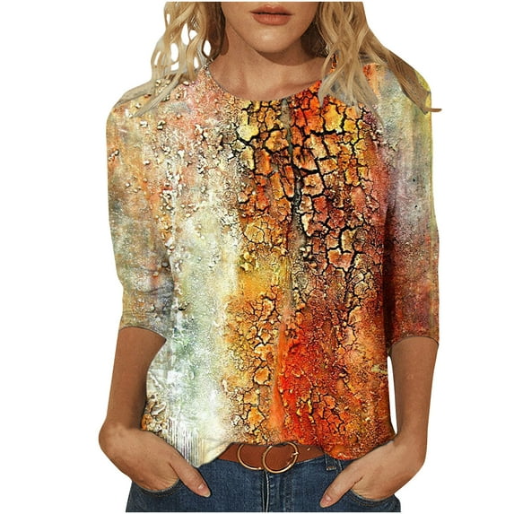 JINMGG Fall Long Sleeve Shirts for Women Women's Fashion Printed Loose T-Shirt 3/4 Sleeves Blouse Round Neck Casual Tops Orange M