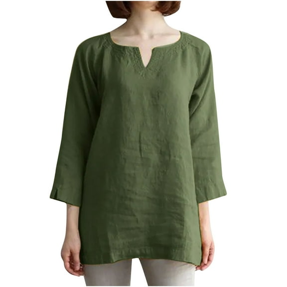 JINMGG Fall Long Sleeve Shirts for Women Womens Spring and Summer V-Neck Long Sleeve Solid Loose Casual Cotton Army Green S