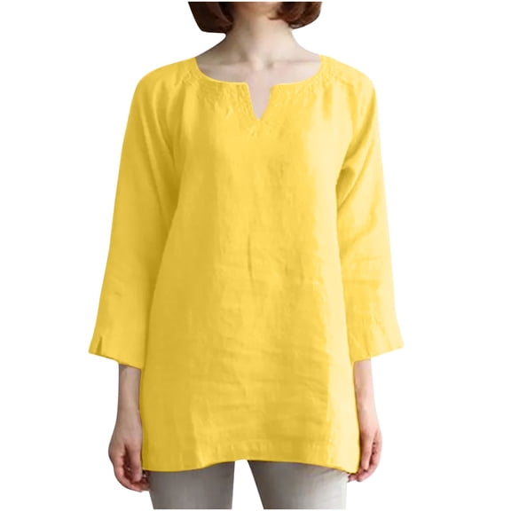 JINMGG Fall Long Sleeve Shirts for Women Womens Spring and Summer V-Neck Long Sleeve Solid Loose Casual Cotton Yellow XXXL