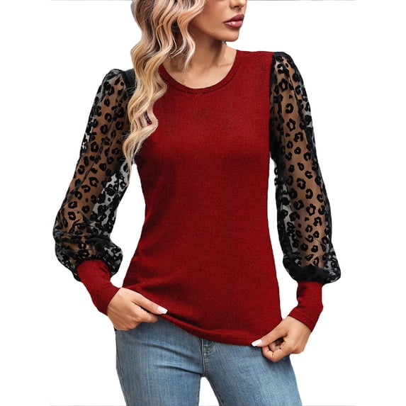 JINMGG Fall Long Sleeve Shirts for Women, Womens Summer Fall Tops 2024 Women's Lace Sleeve Color Matching Slim Top