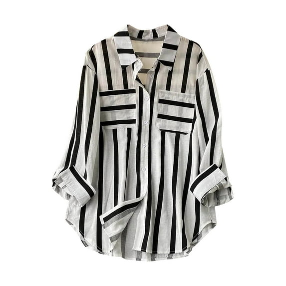 JINMGG Fall Long Sleeve Shirts for Women, Womens Summer Fall Tops 2024 Women's Summer Casual Mid-length Vertical Striped Multi-colored Shirt