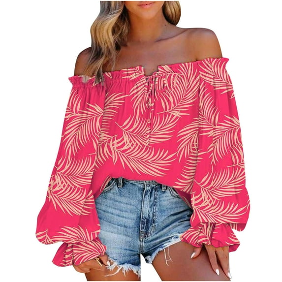 JINMGG Fall Long Sleeve Shirts for Women, Womens Summer Fall Tops 2024 Women's Summer Casual Printing Long Sleeve Off-The-Shoulder Tops Loose Blouses