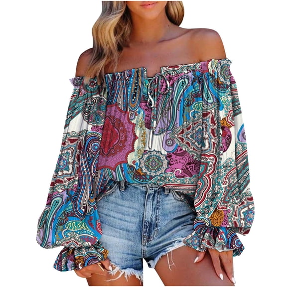 JINMGG Fall Long Sleeve Shirts for Women, Womens Summer Fall Tops 2024 Women's Summer Casual Printing Long Sleeve Off-The-Shoulder Tops Loose Blouses