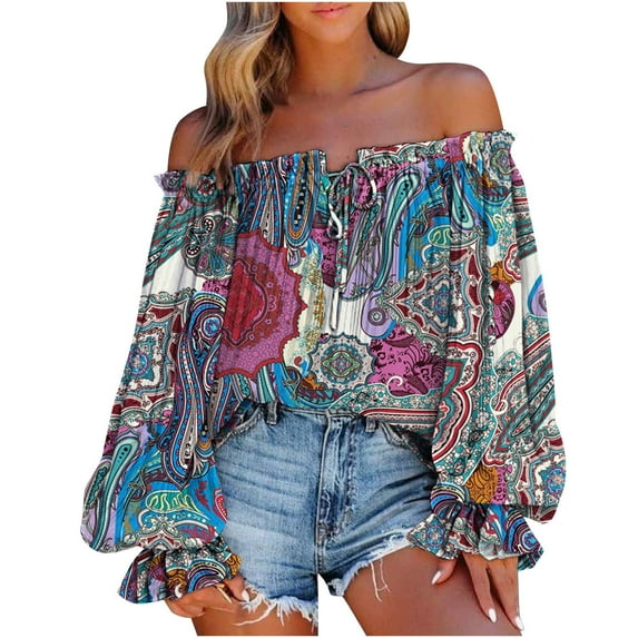 JINMGG Fall Long Sleeve Shirts for Women, Womens Summer Fall Tops 2024 Women's Summer Casual Printing Long Sleeve Off-The-Shoulder Tops Loose Blouses