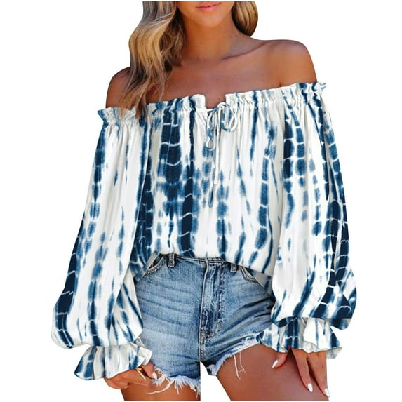JINMGG Fall Long Sleeve Shirts for Women, Womens Summer Fall Tops 2024 Women's Summer Casual Printing Long Sleeve Off-The-Shoulder Tops Loose Blouses