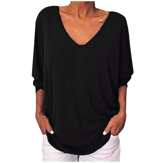 JINMGG Fall Shirts Plus Size Women Women's Summer Fashion V-neck Bat 3/4 Sleeve Solid Color Tops Black S