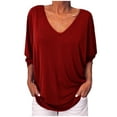 thumbnail image 1 of JINMGG Fall Shirts Plus Size Women Women's Summer Fashion V-neck Bat 3/4 Sleeve Solid Color Tops Red L, 1 of 7