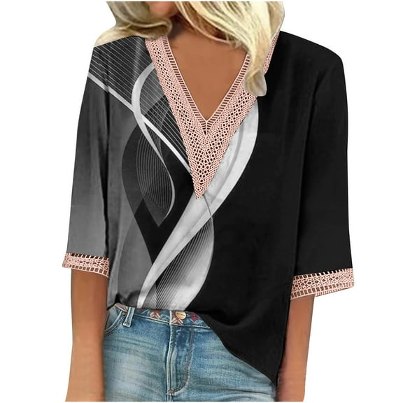 JINMGG Fall Tops Fashion Woman V Neck Three Quarter 3/4Sleeve T Shirt AutumnBlouse Tops Sweatshirt Black XXL