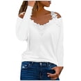 thumbnail image 1 of JINMGG Fall Tops Fashion Women's V-Neck Casual Long Sleeve Lace Patchwork Solid Blouse To White L, 1 of 6