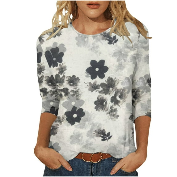 JINMGG Fall Tops for Women Women's Fashion Printed Loose T-Shirt 3/4 Sleeves Blouse Round Neck Casual Tops Gray L