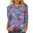 thumbnail image 1 of JINMGG Fall Tops for Women Women's Fashion Printed Loose T-Shirt 3/4 Sleeves Blouse Round Neck Casual Tops Purple S, 1 of 1