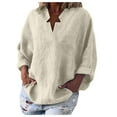 thumbnail image 1 of JINMGG Fall Tops for Women Women's Fashion Solid Color Tops Long Sleeved Loose Cotton and Linen Loose Shirt Blouse V-Neck Casual Tops Beige L, 1 of 6