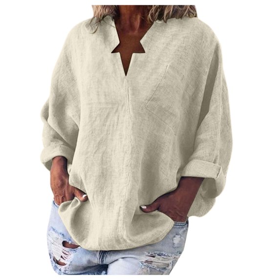 JINMGG Fall Tops for Women Women's Fashion Solid Color Tops Long Sleeved Loose Cotton and Linen Loose Shirt Blouse V-Neck Casual Tops Beige L