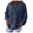 thumbnail image 1 of JINMGG Fall Tops for Women Women's Fashion Solid Color Tops Long Sleeved Loose Cotton and Linen Loose Shirt Blouse V-Neck Casual Tops Navy XXL, 1 of 6