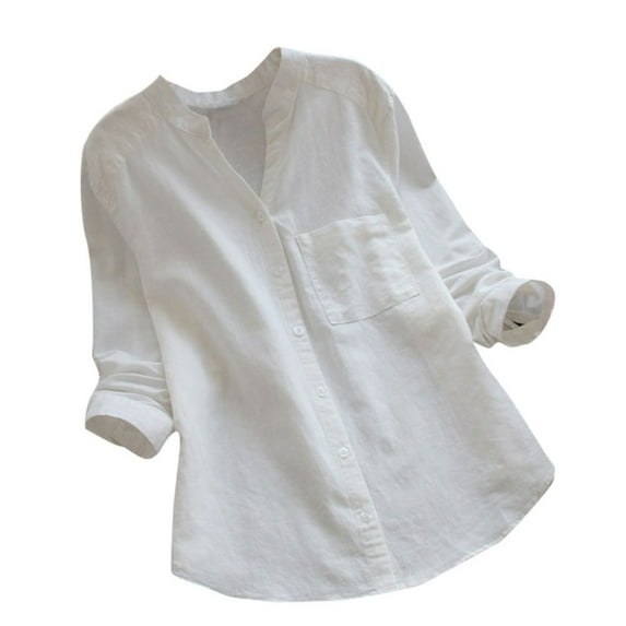 JINMGG Fall Tops for Women Women's Summer New Solid Color Cotton Linen Long-sleeved Loose Large Size Casual Shirt Female White L