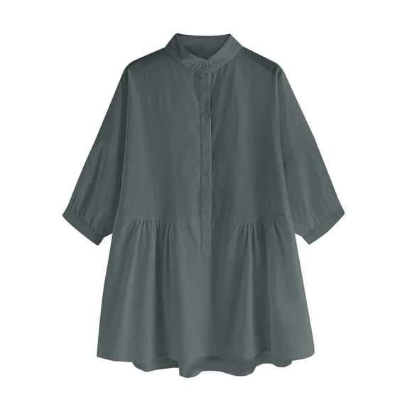 JINMGG Fall Tops for Women Women's V-Neck Long Sleeve Loose Button Cotton and Linen Tunic Shirts Summer Shirts Blouse Gray XXL