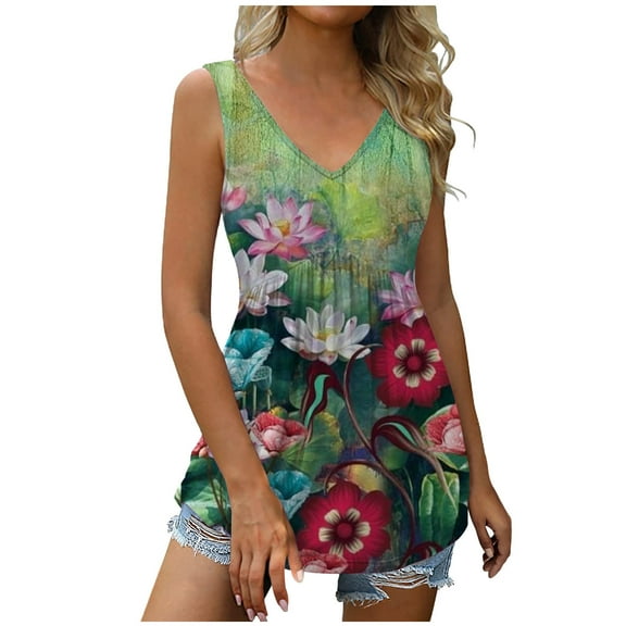 JINMGG Fashion Women's Summer V-Neck Sleeveless Print Casual Tank Top Blouse Green XXL