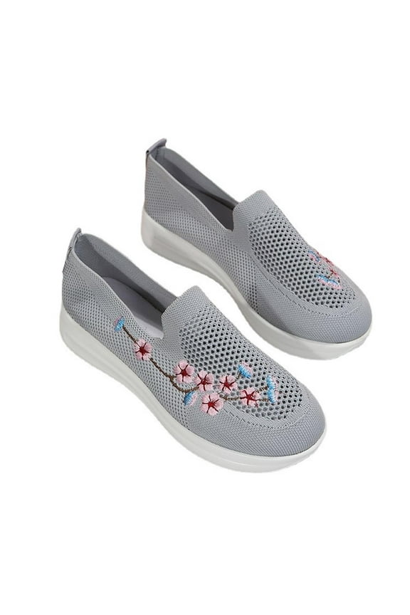 JINMGG Flat Shoes for Women Plus Clearance Women's Ladies Embroidered Shoes Casual Daily Slip On Sneakers Mesh Shoes Gray 42