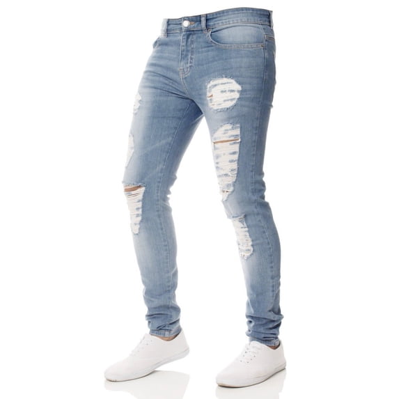 JINMGG Men Pants Clearance Men Slim Biker Zipper Denim Jeans Skinny Frayed Pants Distressed Rip Trousers Light Blue 28