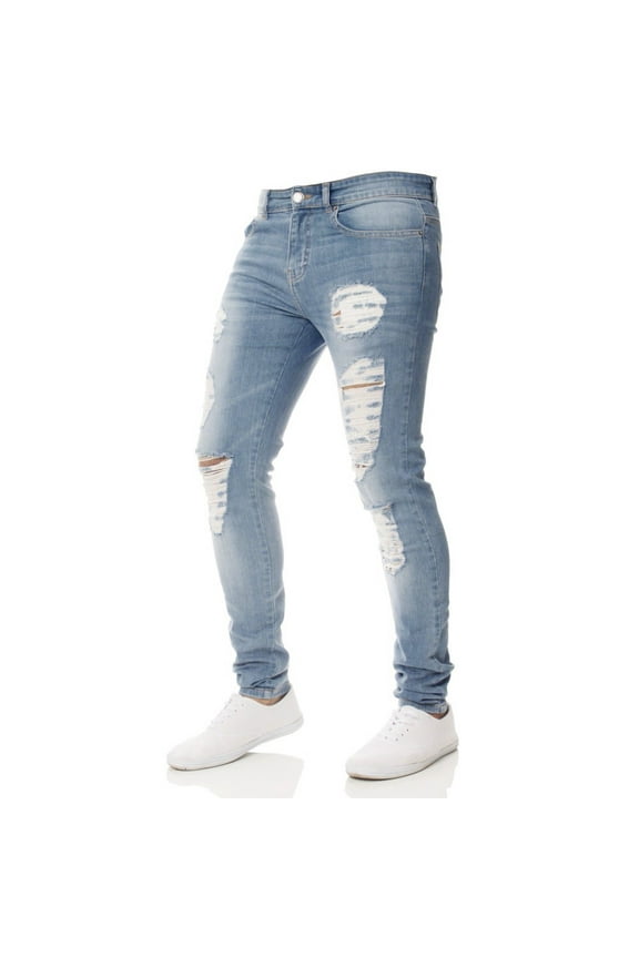 JINMGG Men Pants Clearance Men Slim Biker Zipper Denim Jeans Skinny Frayed Pants Distressed Rip Trousers Light Blue 28