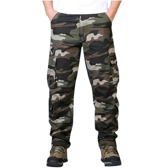 Omexry Men Pants Men's Plus Size Pure Cotton Thick Camouflage Multi-pocket Wear-resistant Overalls Trousers Army Green L(32)