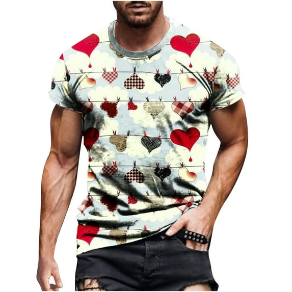JINMGG Mens Tops under $5,Men Casual Round Neck Valentine's Day 3D Digital Printing Pullover Fitness Sports Shorts Sleeves T Shirt Blouse,Yellow XL