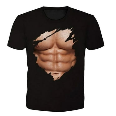 JINMGG Mens Tops Clearance under $5,3D Muscular Man Print Fashion Fitness Round Neck Short Sleeve T-Shirt,Black L